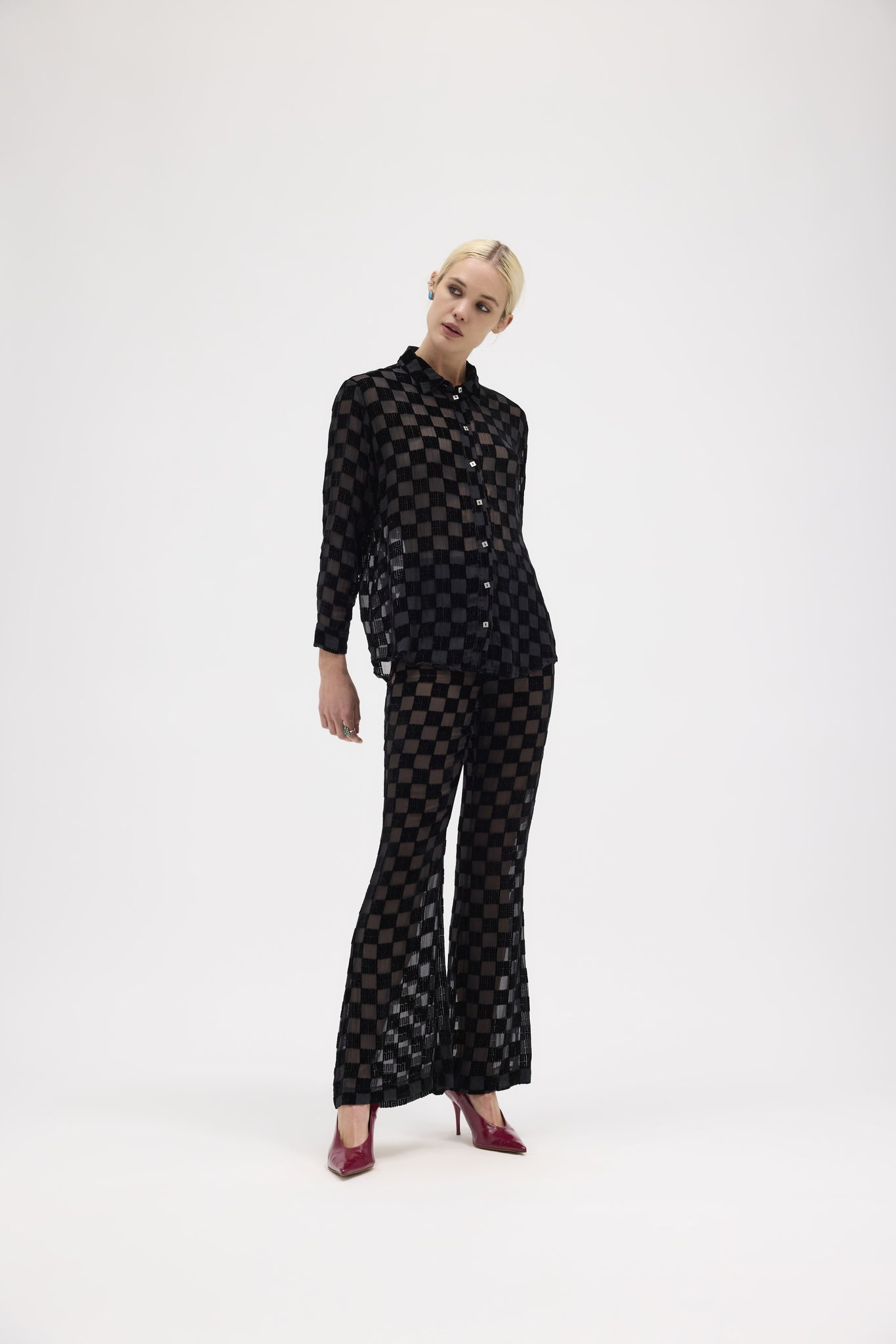 Black Silk Velvet Check Pants