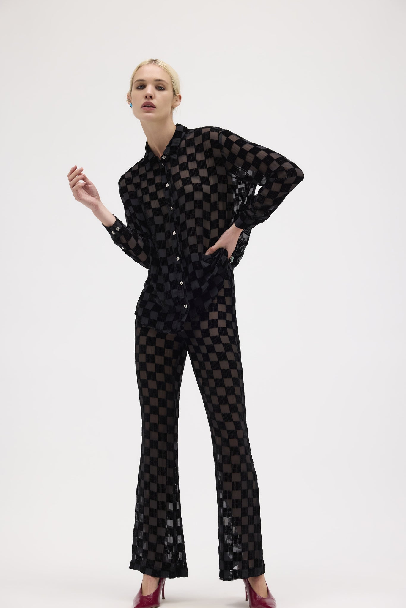 Black Silk Velvet Check Pants