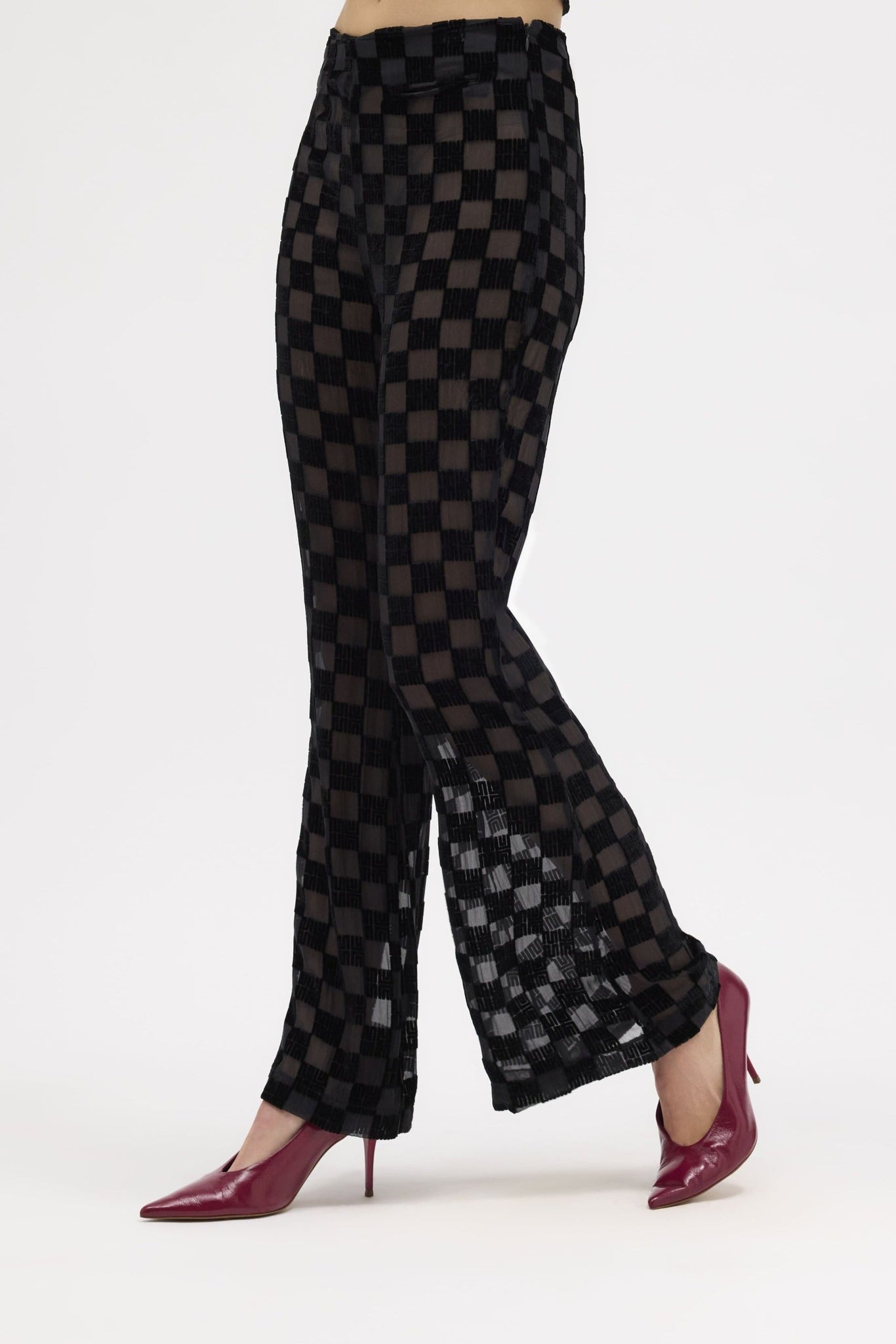 Black Silk Velvet Check Pants